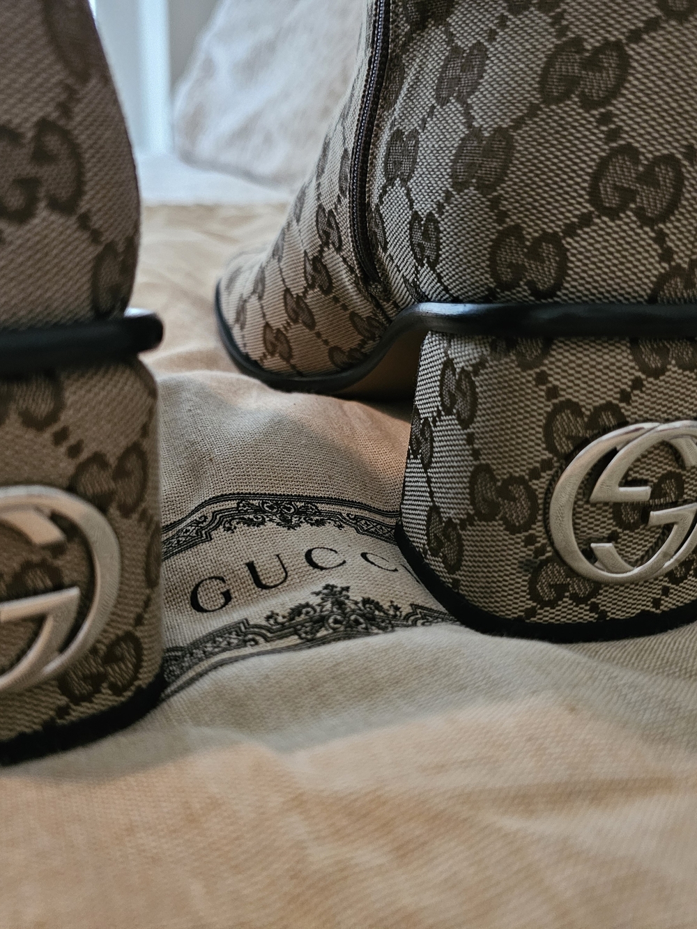 Gucci Beige Monogram Knee-High Square Toe Boots - Picture 8 of 12